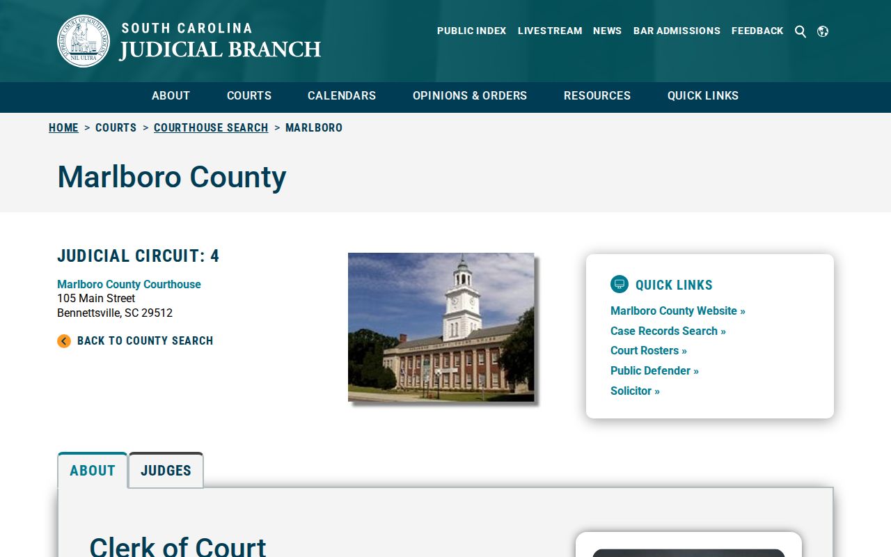 Marlboro County court disposition and booking record access page